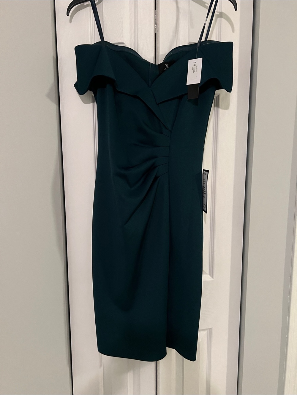 Xscape Teal Off-Shoulder Twist Midi Dress